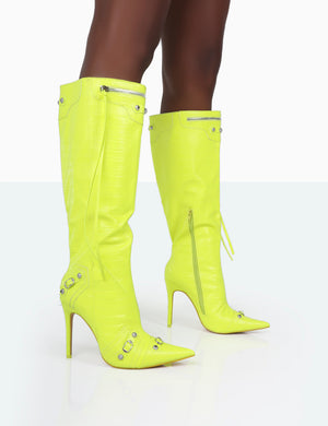 Davina Neon Yellow Croc Pointed Toe Zip Detail Knee High Boots