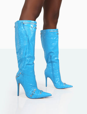 Davina Blue Croc Pointed Toe Zip Detail Knee High Boots