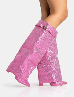 Echo Hot Pink Glitter Twist Lock Detail Fold Over Pointed Toe Knee High Boots
