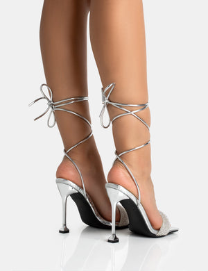 Jenner Silver PU Diamante Strap Lace Up Square Toe Cake Stand Stiletto Heels