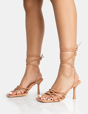 Keri Wide Fit Nude Pu Strappy Lace Up Mid Heels