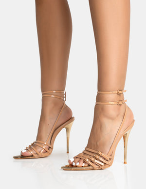 Majesty Nude Patent Buckles Wrap Around Pointed Toe Gold Stiletto Heel
