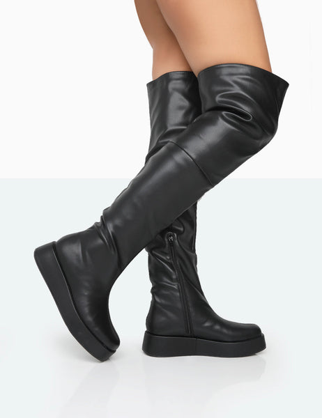 Black pu buckle detail shop chunky over the knee boots