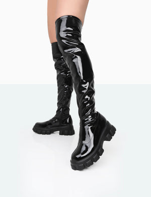 Take Chances Black Patent Chunky Sole Knee High Boots