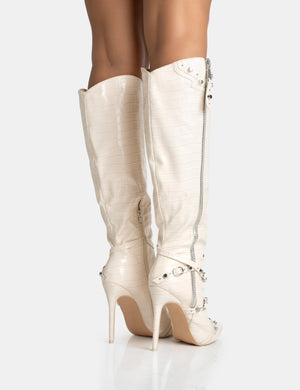 Worthy Ecru Croc Studded Zip Detail Pointed Toe Stiletto Knee High Boots