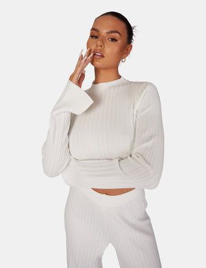 LONG SLEEVE HIGH NECK RIBBED KNITTED CROP TOP WHITE