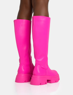 Scorpio Hot Pink Rubberised Pu Rounded Toe Chunky Sole Knee High Boots
