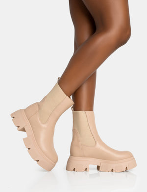 Edgy Taupe Pu Elasticated Ankle Rounded Chunky Sole Ankle Boots