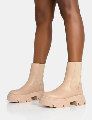 Edgy Taupe Pu Elasticated Ankle Rounded Chunky Sole Ankle Boots