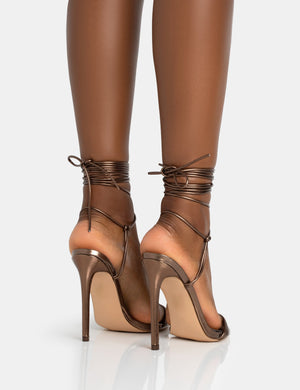 Merlot Metallic Bronze Lace Up Wrap Around Pointed Toe Stiletto Heel