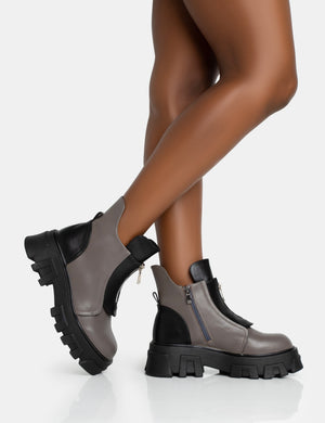 Astra Wide Fit Grey and Black Zip Front Chunky Ankle Boots
