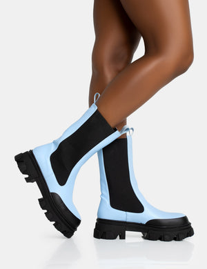 Kira Blue PU Chunky Sole Chelsea Ankle Boots