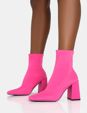 Delani Hot Pink Neoprene Zip Up Rounded Pointed Toe Block Heel Ankle Boots