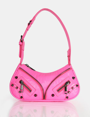 The Candice Zip Detailed Pink Croc Shoulder Bag