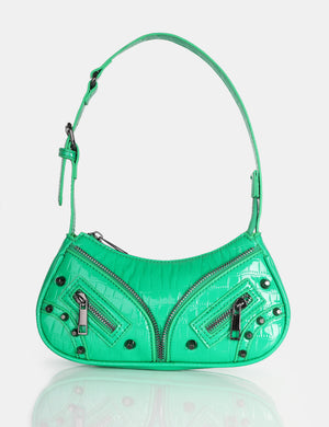 The Candice Zip Detailed Neon Green Croc Shoulder Bag