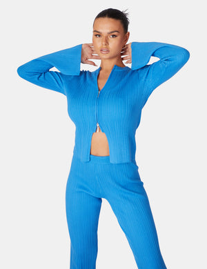 Knitted Zip Front Top Blue