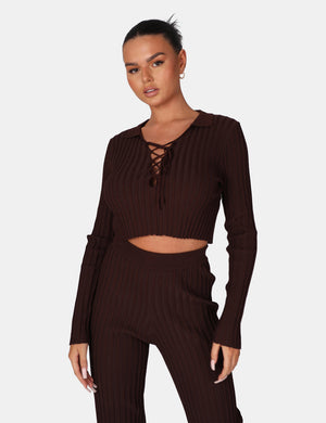 Ribbed Knitted Wide Leg Trousers Chocolate