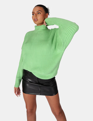 HIGH NECK CONSTRAST STITCH RIBBED KNITTED OVERSIZED JUMPER GREEN