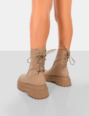 Noelle Camel Chunky Sole Lace Up Detail Ankle Boots