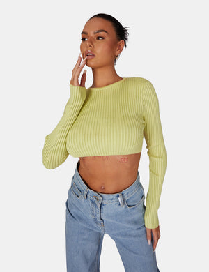 Open Chain Back Knitted Crop Top Lime