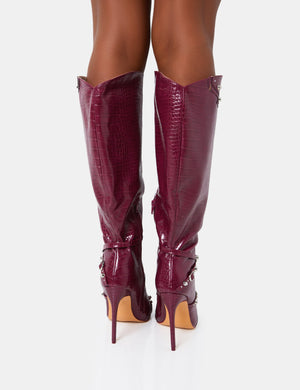 Doja Wide Fit Burgundy Croc Studded Zip Detail Pointed Toe Stiletto Knee High Boots
