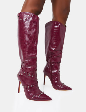 Doja Wide Fit Burgundy Croc Studded Zip Detail Pointed Toe Stiletto Knee High Boots