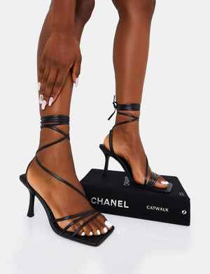 Divine Black PU Strappy Lace Up Square Toe Mid Stiletto Heels