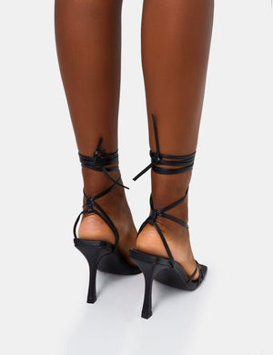 Divine Black PU Strappy Lace Up Square Toe Mid Stiletto Heels