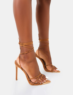 Isobel Tan Pu Lace Up Strappy Barely There Pointed Court High Heels