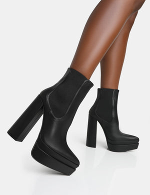 Cady Black Pu Platform Pointed Toe Block Heel Ankle Boots