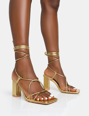 Noor Gold Lace Up Square Toe Mid Block Heels