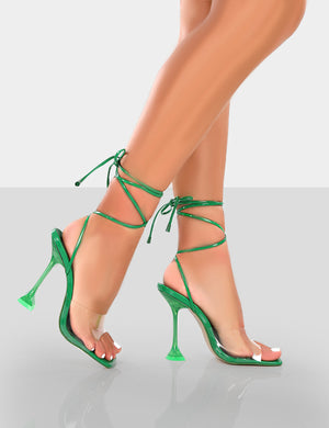 Bly Green Patent Perspex Cake Stand Lace Up Square Toe Heels