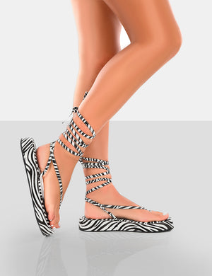 Beach Babe Zebra Lace Up Toe Thong Flatform Sandals