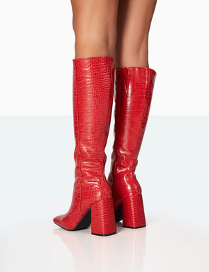 Apology Red Croc PU Knee High Block Heel Boots