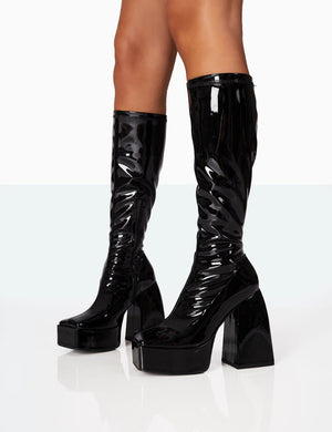 Heartbeat Wide Fit Black Patent Chunky Square Toe Platform Block Knee High Boots