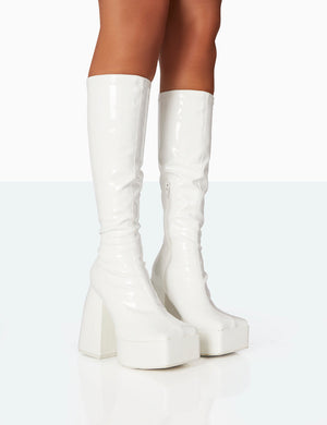 Heartbeat White Patent PU Chunky Square Toe Platform Block Knee High Boots