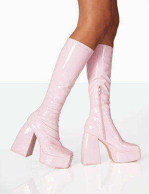 Heartbeat Pink Patent PU Chunky Square Toe Platform Block Knee High Boots