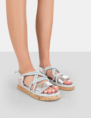 Miami Silver Rope Flatform Lace Up Sandals