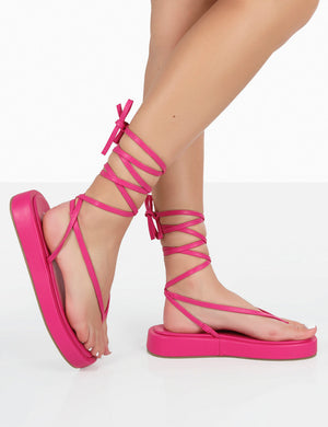 Beach Babe Pink Lace Up Toe Thong Flatform Sandals
