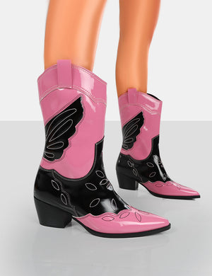 Howdy Pink Patent Pointed Toe Western Cowboy Ankle Boots