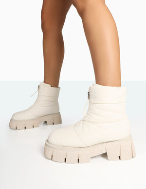 Puffy Ecru Nylon Zip Up Chunky Sole Snow Ankle Boots