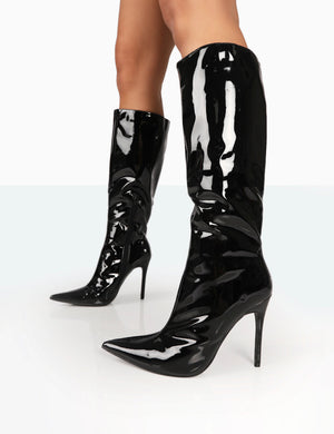 Horizon Black Patent Stiletto Knee High Pointed Heeled Boots