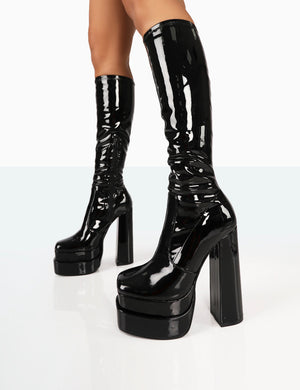 Passive Wide Fit Black Patent Square Toe Platform Block High Heel Over the Knee Boots