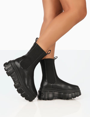 Banner Black PU Chunky Sole Ankle Boots