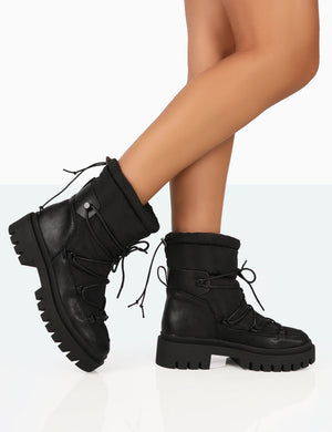 Snowy Black Lace Up Chunky Sole Snow Ankle Boots
