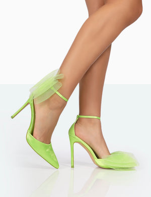 Bell Lime Satin Statement Bow Court Pointed Toe Stiletto Heels