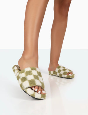 Happy Green And White Checkerboard Fluffy Faux Fur Slippers