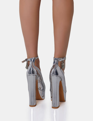 Formation Silver Mirror Padlock Detail Chunky Square Peep Toe Platform Heels