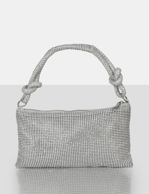 The Ingrid Silver Diamonte Zip Up Knot Detail Mini Shoulder Bag