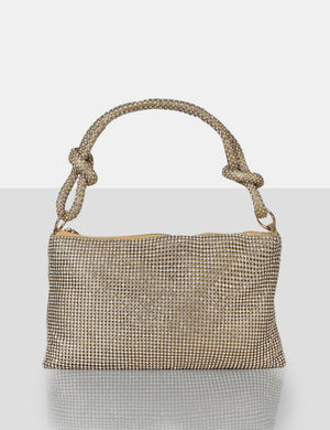 The Ingrid Gold Diamonte Zip Up Knot Detail Mini Shoulder Bag